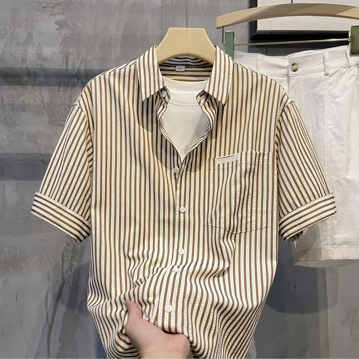 Корейская модная полосатая рубашка с коротким рукавом с лацканом