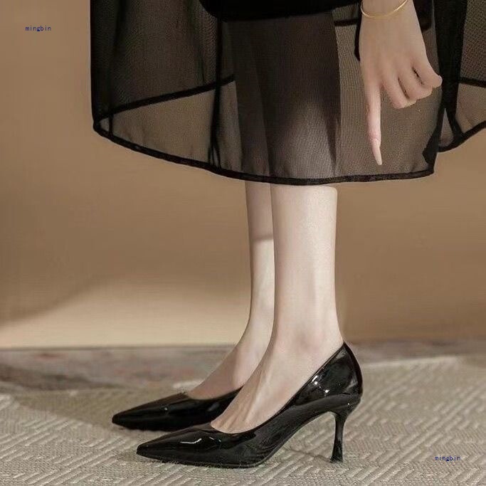 Four Seasons Black High Heels Women's Stiletto Heels 2025 New Patent Leather Pointed Toe Shoes Professional Work Shoes Large Size