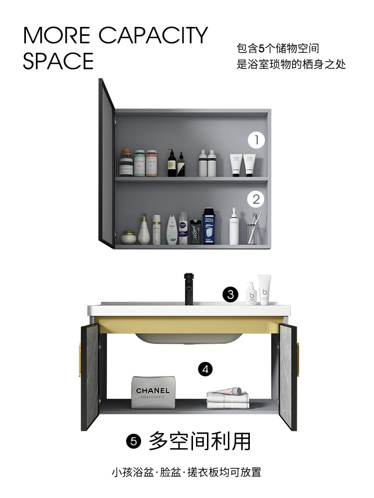 Moderno espacio de aluminio a prueba de humedad Junta simple espejo de baño gabinete combinación tablero de piedra caliza integrado de cerámica lavabo colgante gabinete