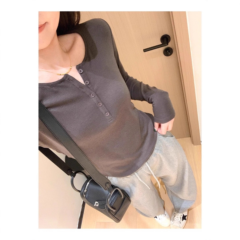 CB916万搭裸感T！定纺天丝羊毛亨利领长袖T恤女早秋圆领打底衫|undefined