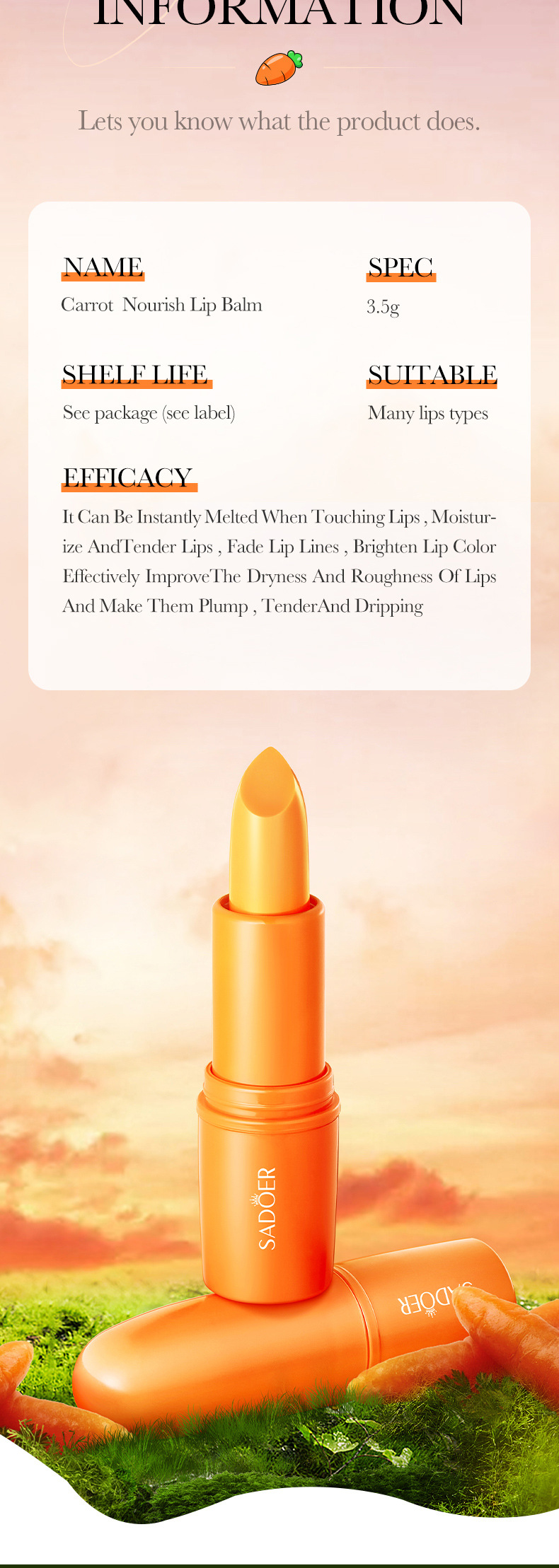 SADOER All Carrot Nourishing Moisturizing Anti cracking Autumn and Winter lipstick_voghion.com