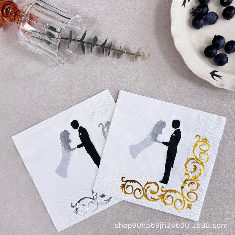 16 Pieces of Hot Stamping Wedding Napkins, Colorfulful Paper Towels, Hotel Restaurant Wedding Party Decoration Placemats, Cup Flower Paper 33cm
