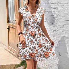 2025 ヨーロッパとアメリカのクロスボーダー Amazon 婦人服夏の新しい気質カジュアルディープ V ネックプリント痩身ドレス