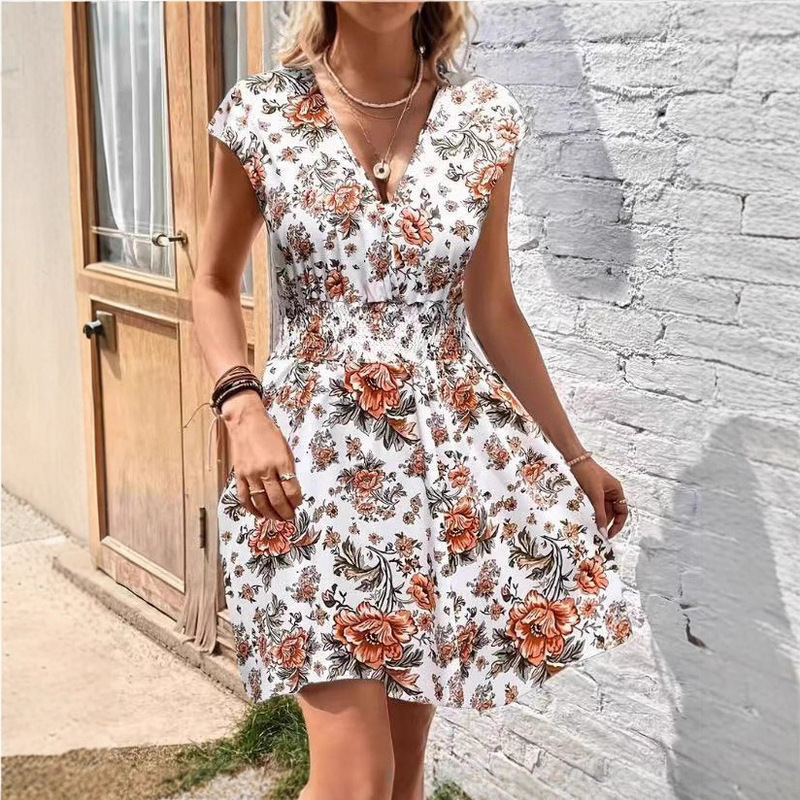 2026 Cross-Border European and American Retro Style Waist-Cinching Floral Dress V-Neck Short-Sleeve Slimming Plus-Size Printed Vacation Short Dress