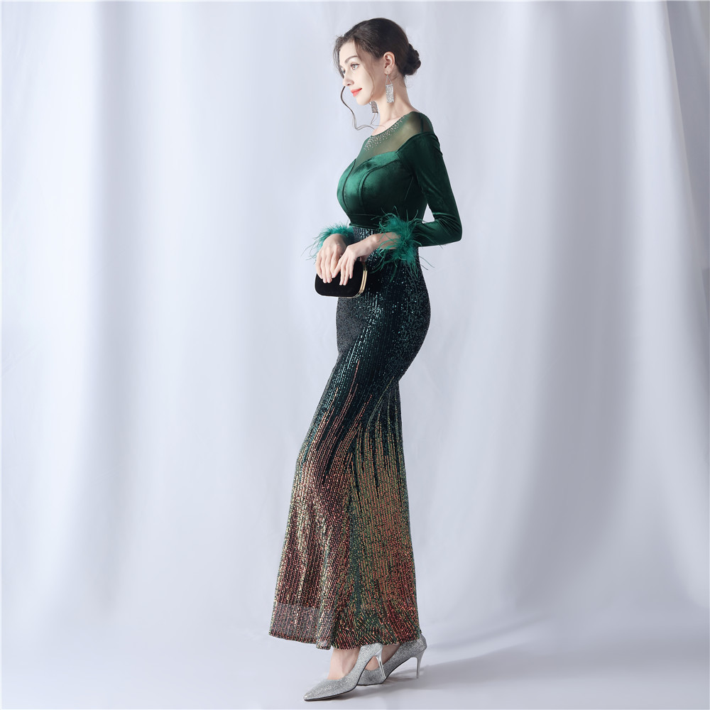 Women's gradient beaded diamond velvet high-end evening dress_voghion.com