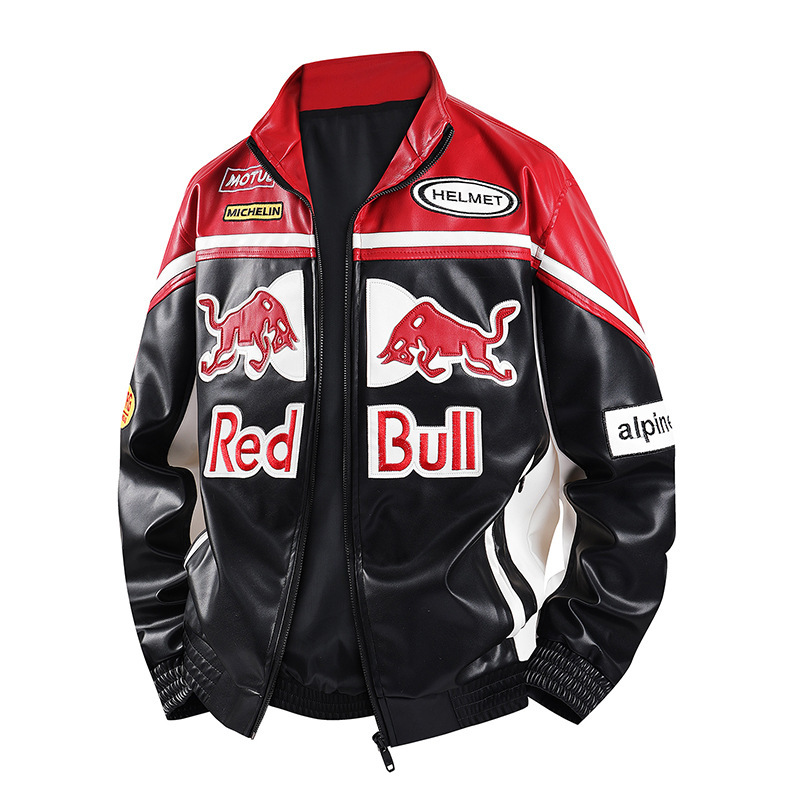 F1 Racing Suit Pu Leather Jacket Cross-Border Embroidery European and American Style Stand-Up Collar Jacket American Style Outerwear Men's Waterproof Large Size Racing Suit