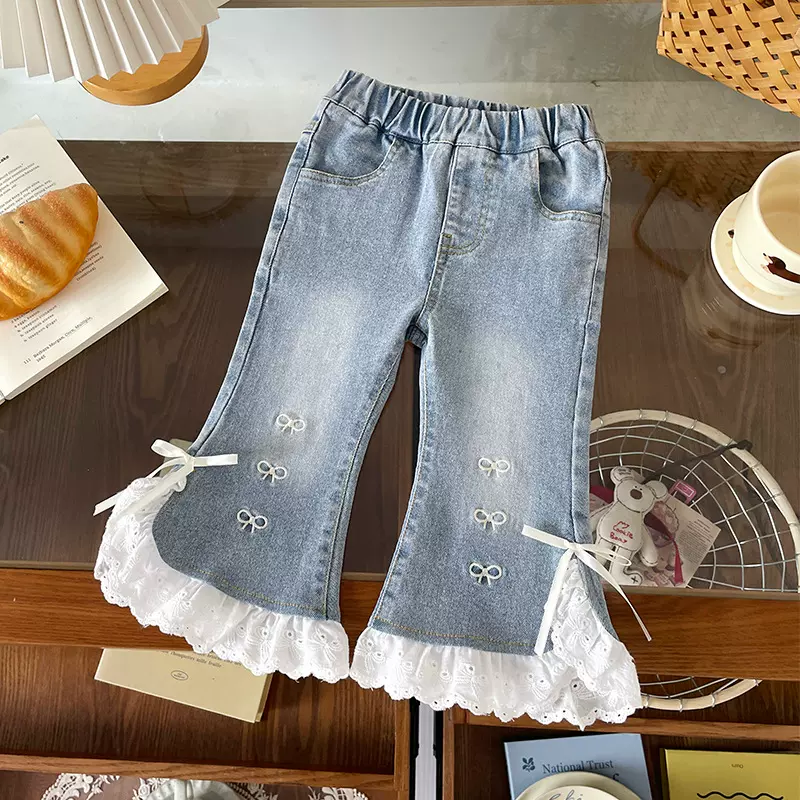 【现货】DZ25306K女童牛仔裤2025秋季韩版花边蝴蝶结微喇牛仔裤