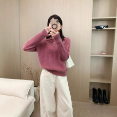 polo翻领套头100%羊毛衫毛衣女秋冬宽松慵懒风软糯高级感针织上衣