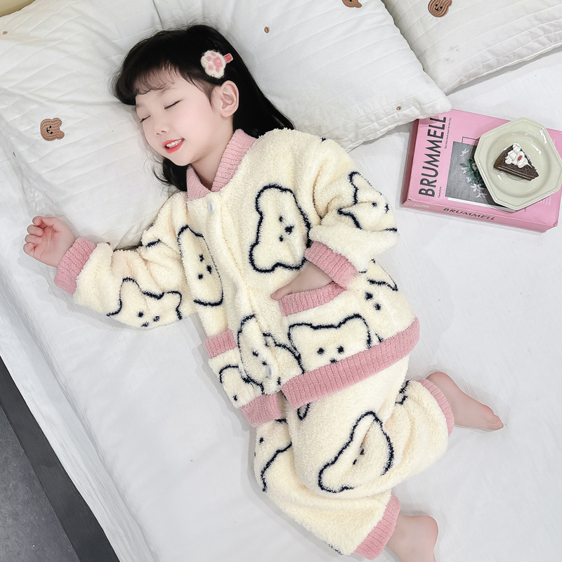 女童睡衣秋冬款2025新款珊瑚绒女宝加厚法兰绒冬季儿童家居服套装|undefined
