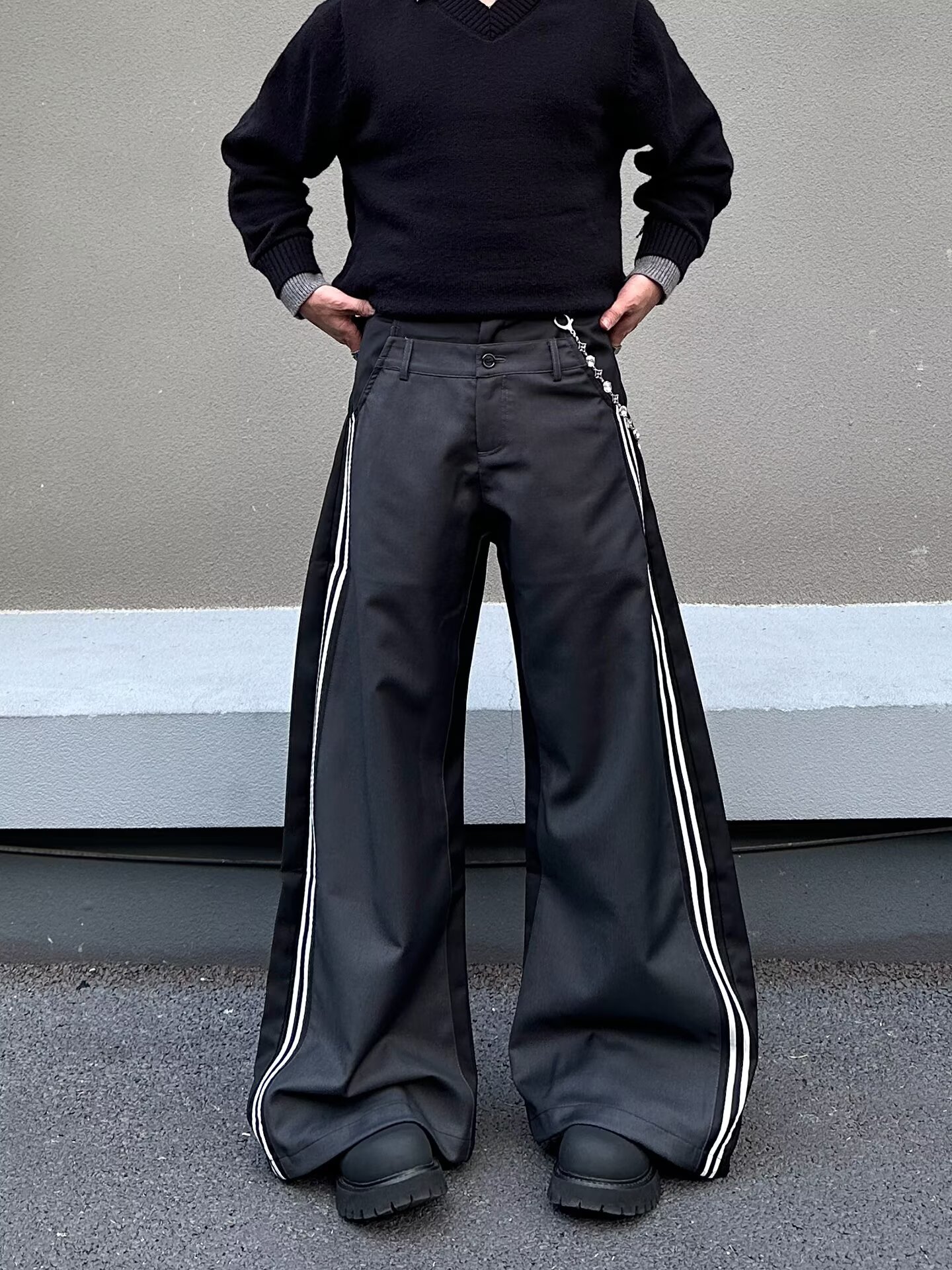 Men's Casual Pants Retro Double Waistband Spliced Curved Blade Loose Long Trousers_mkmklike.com