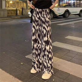 大码女装扎染豹纹百褶裤子女新款休闲裤宽松显瘦高腰垂感阔腿