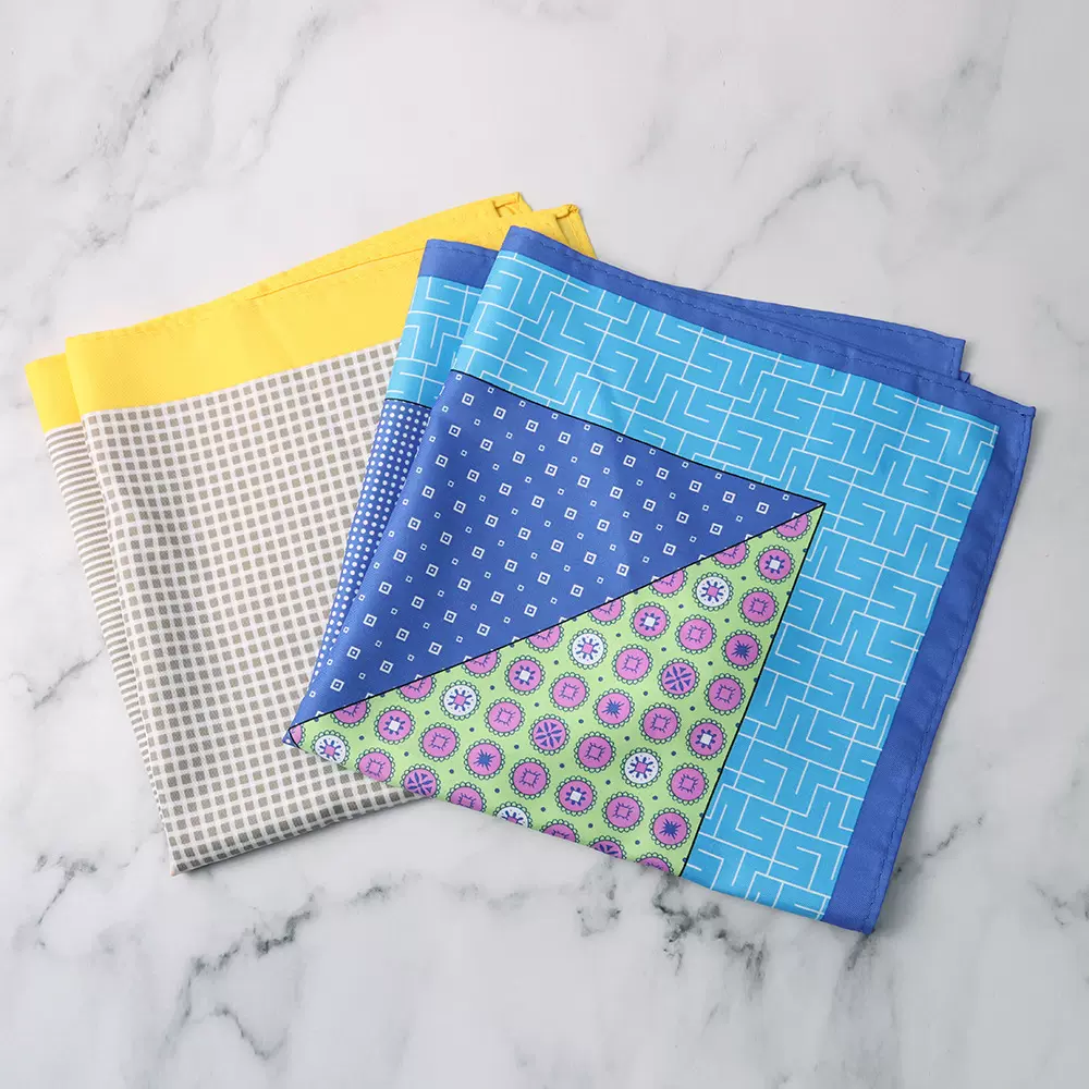2024春夏新款黄色蓝色男士青春亮丽西装口袋巾几何图案印花方巾