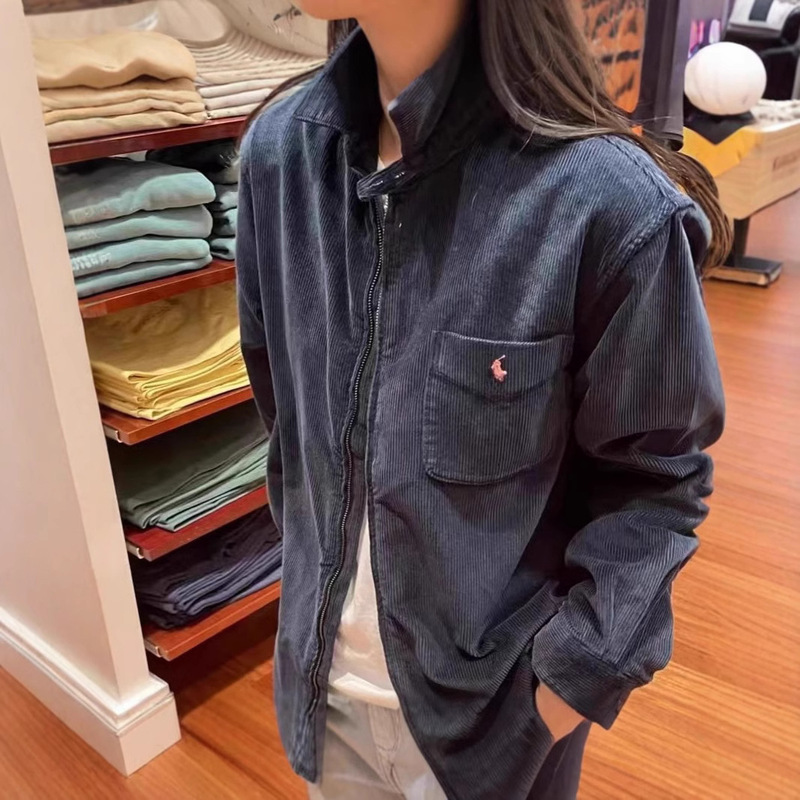 Rl Raff Embroidered Pony Outwear Jacket Men and Women Same Style Corduroy Shirt Polo Collar Top Goods High Version