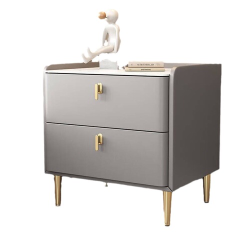 Modern Light Luxury Minimalist Bedside Table with Double Drawer, Wood and Leather Accents, Trendy Storage Cabinet for Integrated Bedside
