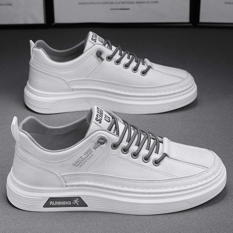 Vyriški bateliai „Board“, balti, skirti studentams, 2024 m. rudens nauji žemi plokščiapadžiai vyriški batai, odiniai sportiniai ir laisvalaikio madingi batai._voghion.com