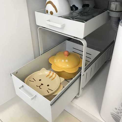 Double-layer drawer-type storage rack under the kitchen sink, homemade dish storage multi-functional pull basket in the cabinet