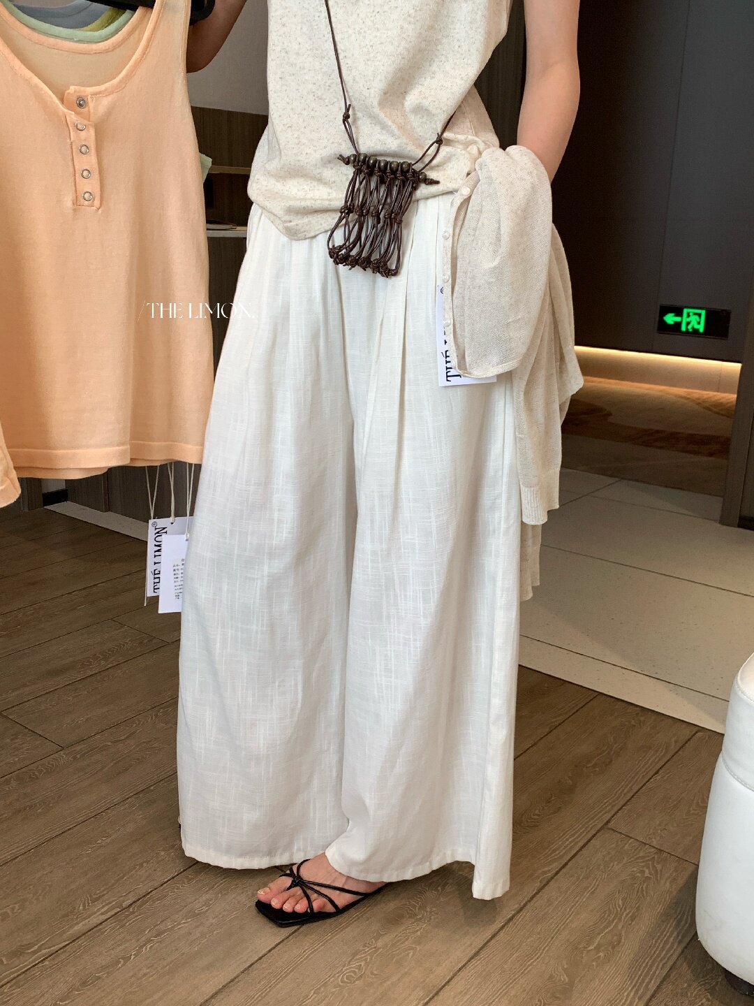 Quần ống rộng nữ vải linen phối cotton dáng suông mùa hè — Xám gạo, Xanh xám nhạt, Xanh đen, Cam bí ngô chi tiết 55