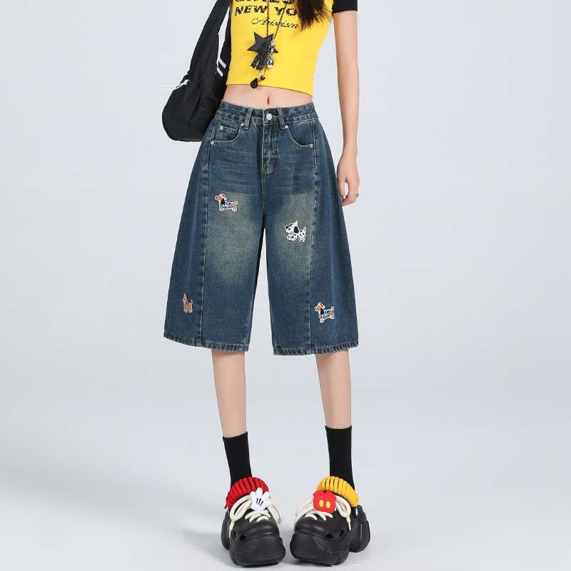 包邮趣味小狗刺绣牛仔七分裤女夏季设计感宽松显瘦阔腿中代发