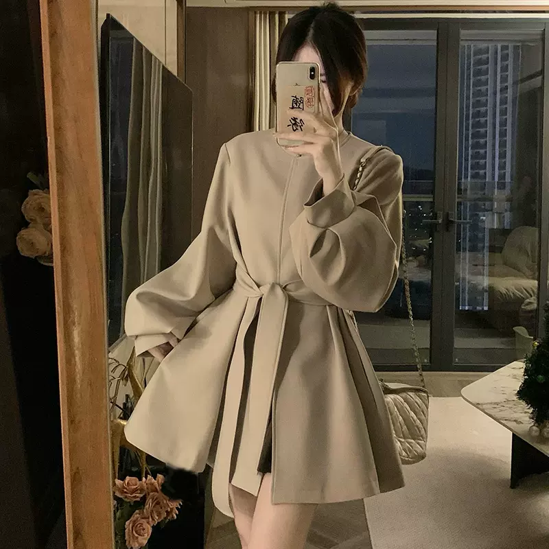 气质圆领系带风衣外套女中长款2025秋季新款大衣风衣外套女潮