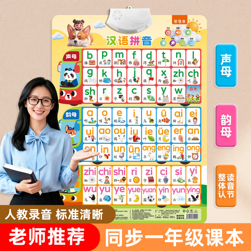 First-Grade Children's Enlightenment Literacy Wall Chart with Audio, Early Education Book for Kids, Alphabet Wall Stickers, Chinese Pinyin Sound and Rhyme Chart