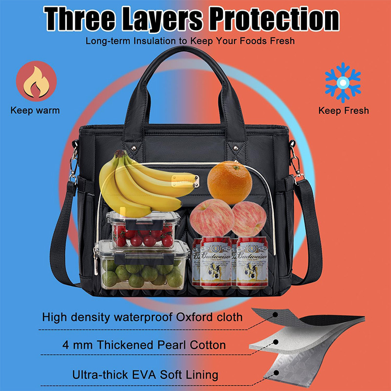 Bolsa de almuerzo aislante para mujeres, caja de almuerzo a prueba de fugas, bolsa de almuerzo con correa de hombro extraíble y bolsas laterales, bolsa de almuerzo