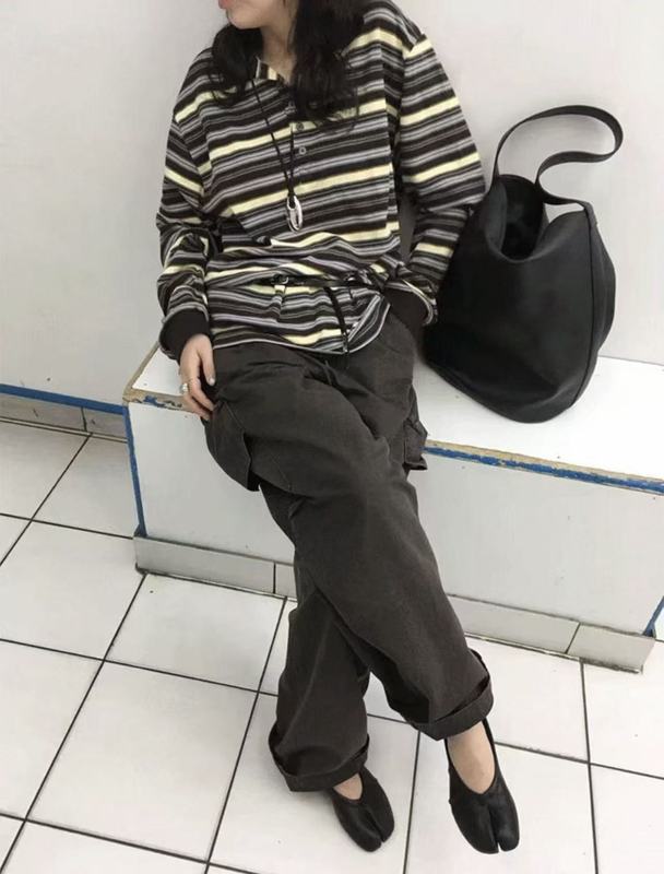 现H 韩国东大门breathe同款2025早秋长袖条纹撞色减龄POLO衫女T恤|undefined