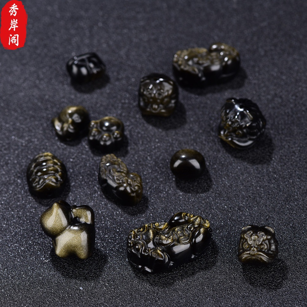 Natural golden obsidian spacer beads, lion and pixiu obsidian DIY accessories, craft bracelet jewelry materials wholesale