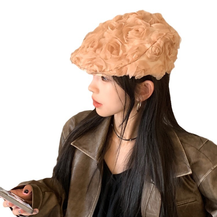 Sombrero de nicho coreano de rosa tridimensional para mujeres versátil cara cóncava modelado pintor sombrero de moda boina