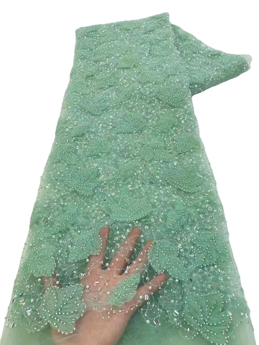 Hojas tridimensionales bordadas tela de malla bordada vestido de boda vestido