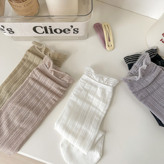 Socks for Women - Summer Thin Mesh Lace Edge Pile Socks - Plain Color, Cool Breathable, Japanese Medium Calf Socks