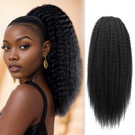 假发女非洲抽绳马尾假发化纤亚克丝卷发外贸高温黑色假发蓬松马尾