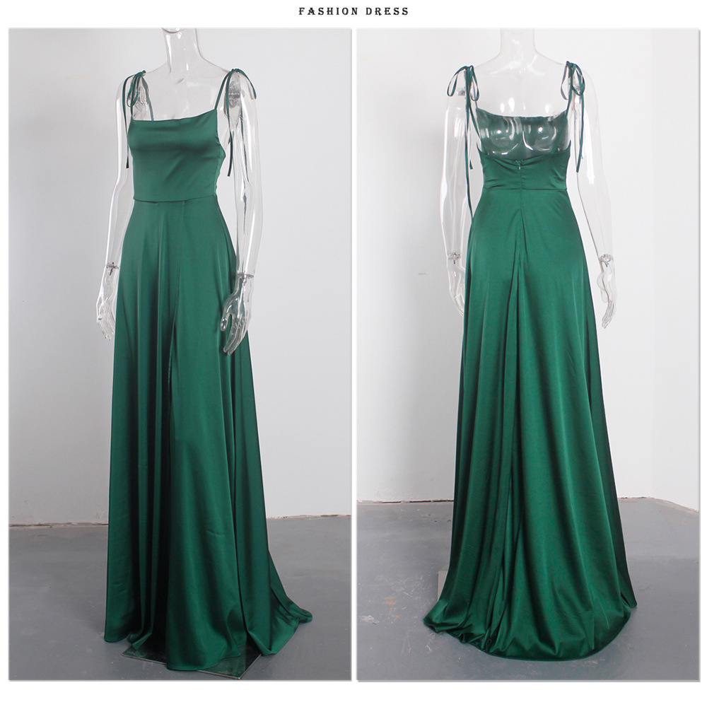 Women's Evening Dress Satin Square Neck Split Long Prom Gown_voghion.com