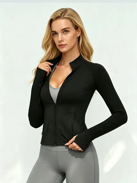 Black Slim Fit Stand Collar Zipper Sports Jacket for Women Yoga Fitness Jacket Long Sleeve High Elasticity Tight Casual Free Shipping