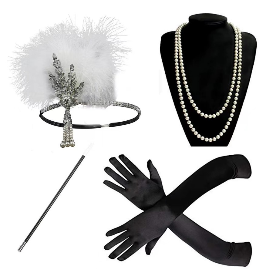 1960s Gatsby Venta caliente retro danza diadema negro avestruz pluma banda de pelo perla rhinestone tocado club nocturno