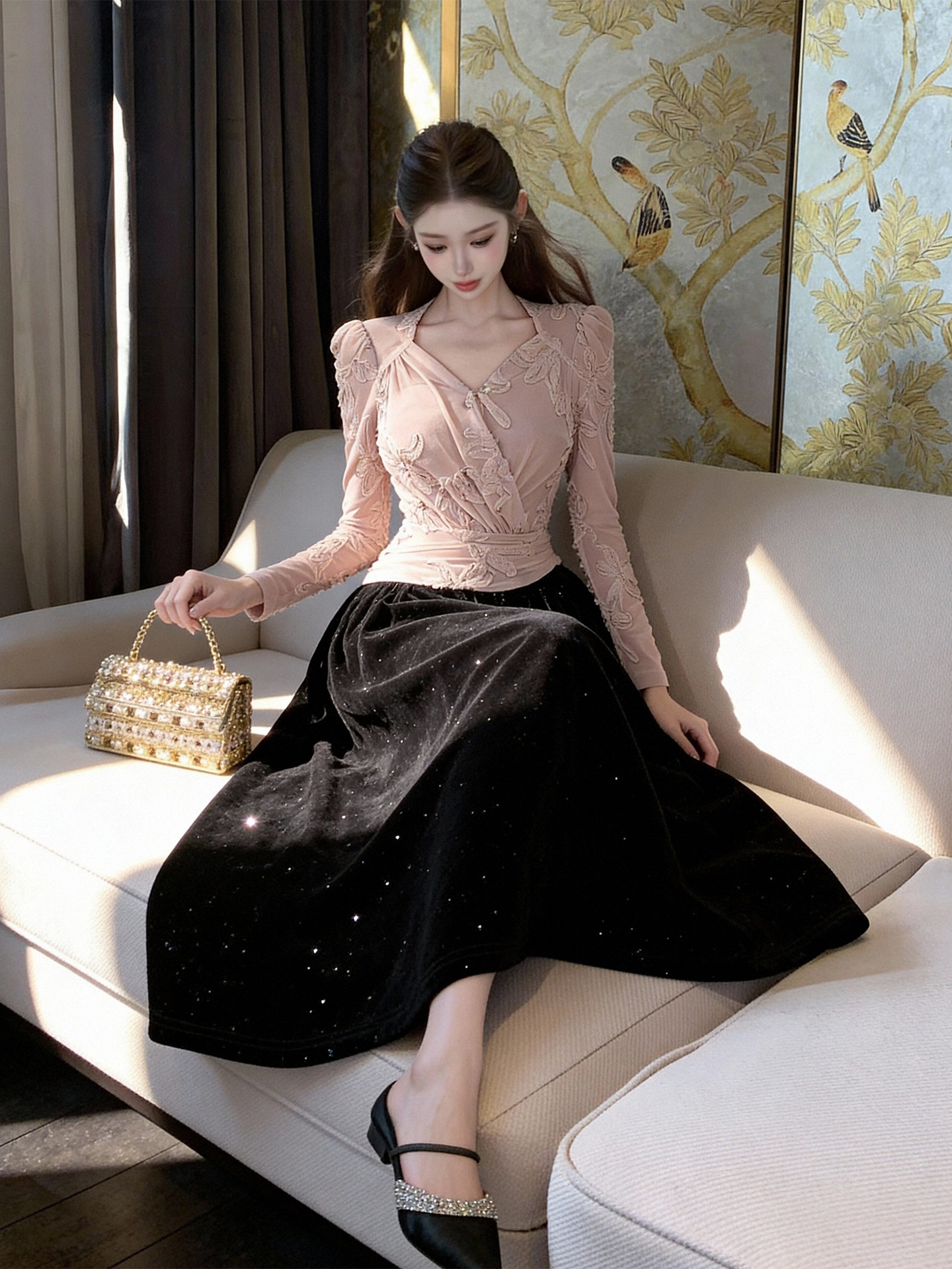 Đầm maxi nữ thắt eo ren kết hợp nhung xòe lớn — đen