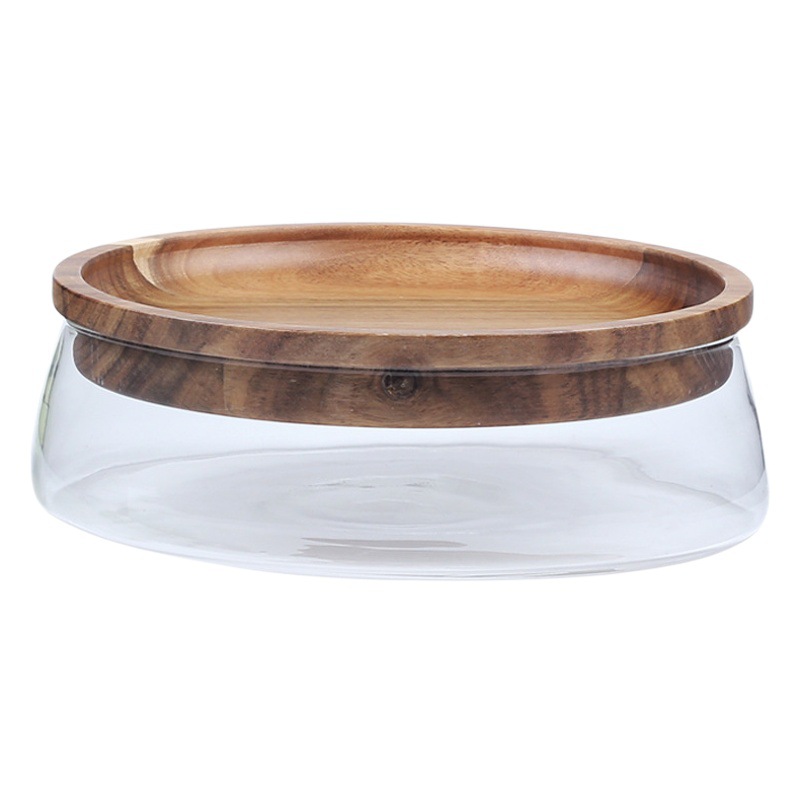 Simple plato de fruta de vidrio de estilo japonés sala de estar cuenca de dulces plato de fruta seca caja de almacenamiento de madera mesa de almacenamiento de plato de fruta de pierna alta