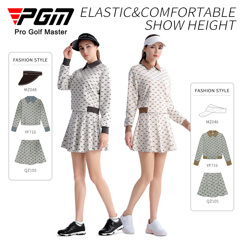 Bộ đồ thể thao golf nữ áo khoác cổ gân ấm áp kèm váy chữ A — QZ105-Váy xếp ly kaki, YF716-Áo khoác jacquard màu xám đậm, QZ105 váy xếp ly màu xám đậm, YF716-Áo khoác hoa kaki