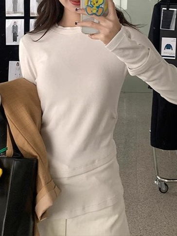 韩系不规则灰色长袖T恤内搭女早秋季别致chic打底假两件开叉上衣|undefined