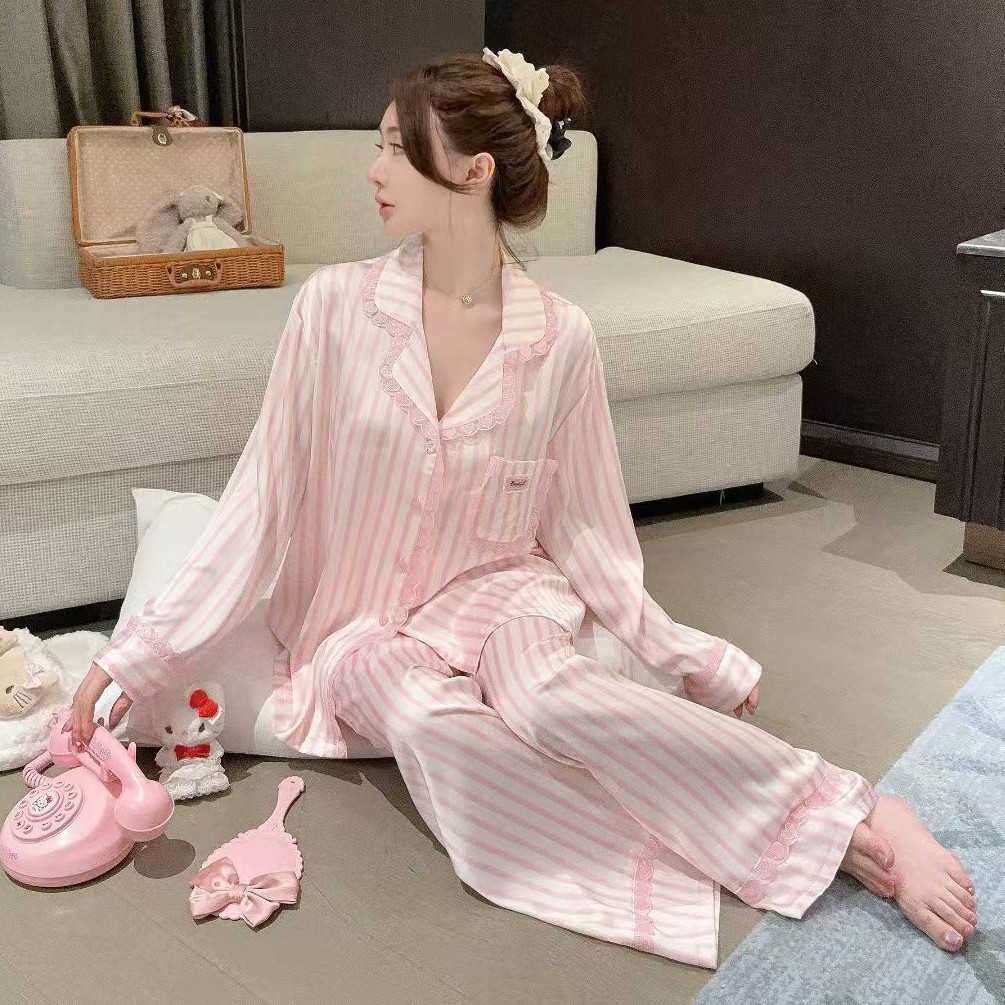 【芭比奶豹】2025春季新款冰雪丝睡衣韩系烫砖豹纹爱心家居服长袖