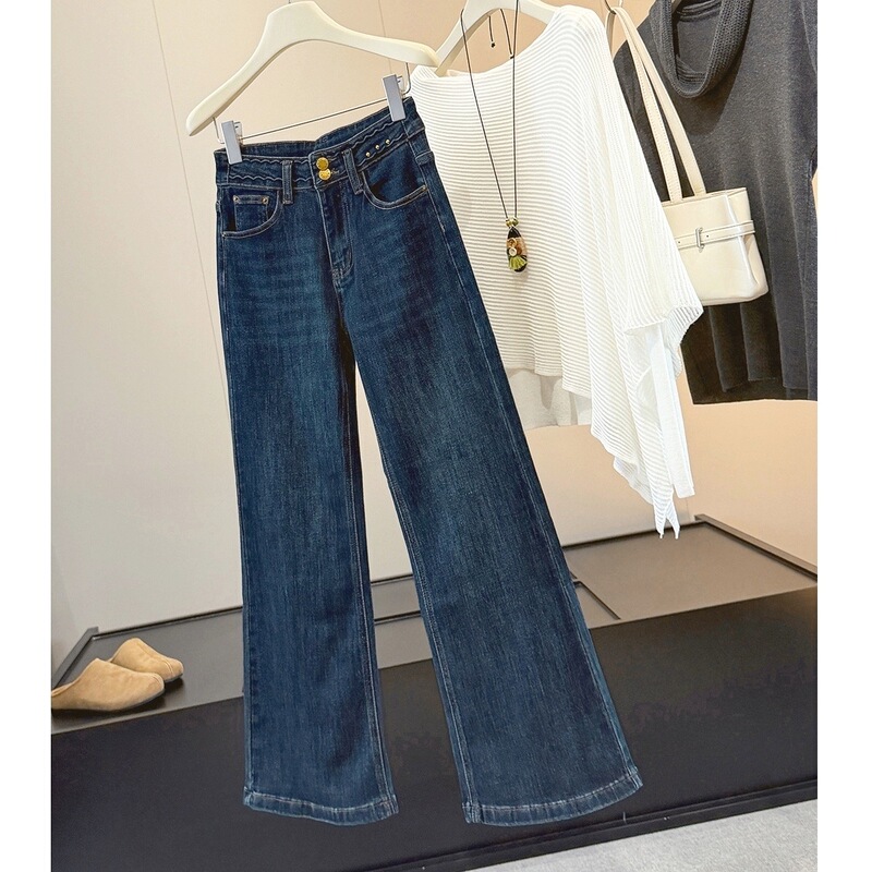 2026 Autumn New Style Two-Button Elastic Straight-Leg Jeans for Women, High-Waisted, Slim-Fit, Versatile Casual Pants