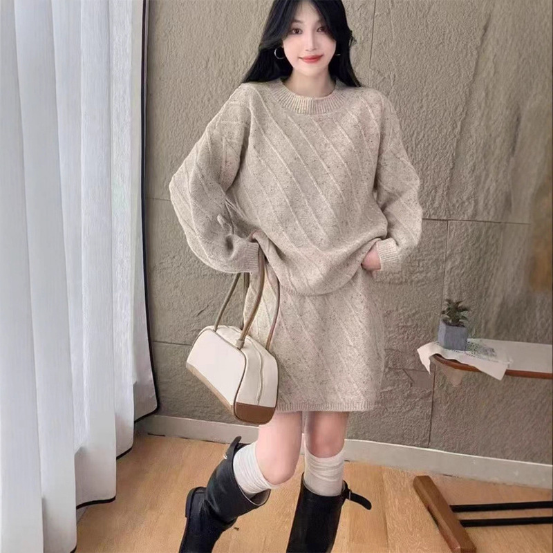 秋冬圆领针织套装女2025款韩系针织衫毛衣裙子两件套休闲宽松套装|undefined