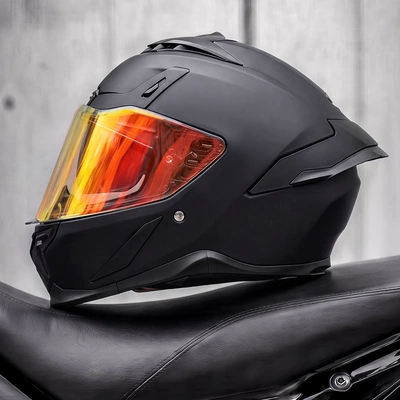 riding, full-face motorcycle helmet, Motosiklet kaskı (dəbilqə) - matte-black-finish-red-mirror-coating-includes-a-transparent-mirror-m55-56cm