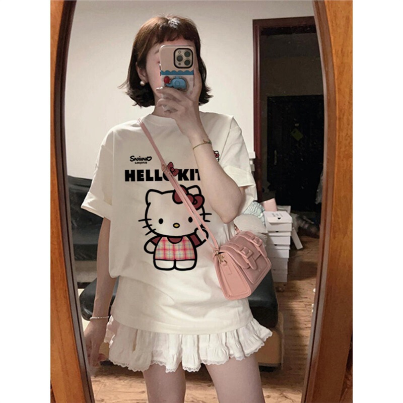 Sweet Cute hellokitty Cat Round Neck Printed T-shirt Short Sleeve Women's Summer White Loose Cotton Trendy Top