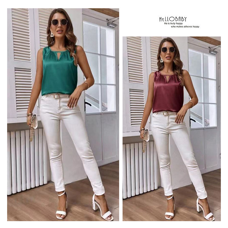 Cross-border European and American Women's Fashion 2025 Summer New Color Satin Pleated T-shirt Backless Top with Hollow Sleeveless Top
