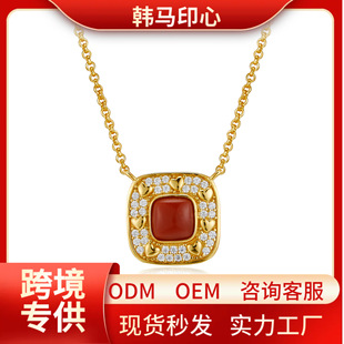 All-body 925 Silver South Red Necklace Light Luxury Niche Simple Square All-match Layered French Fashionable New Chinese Style