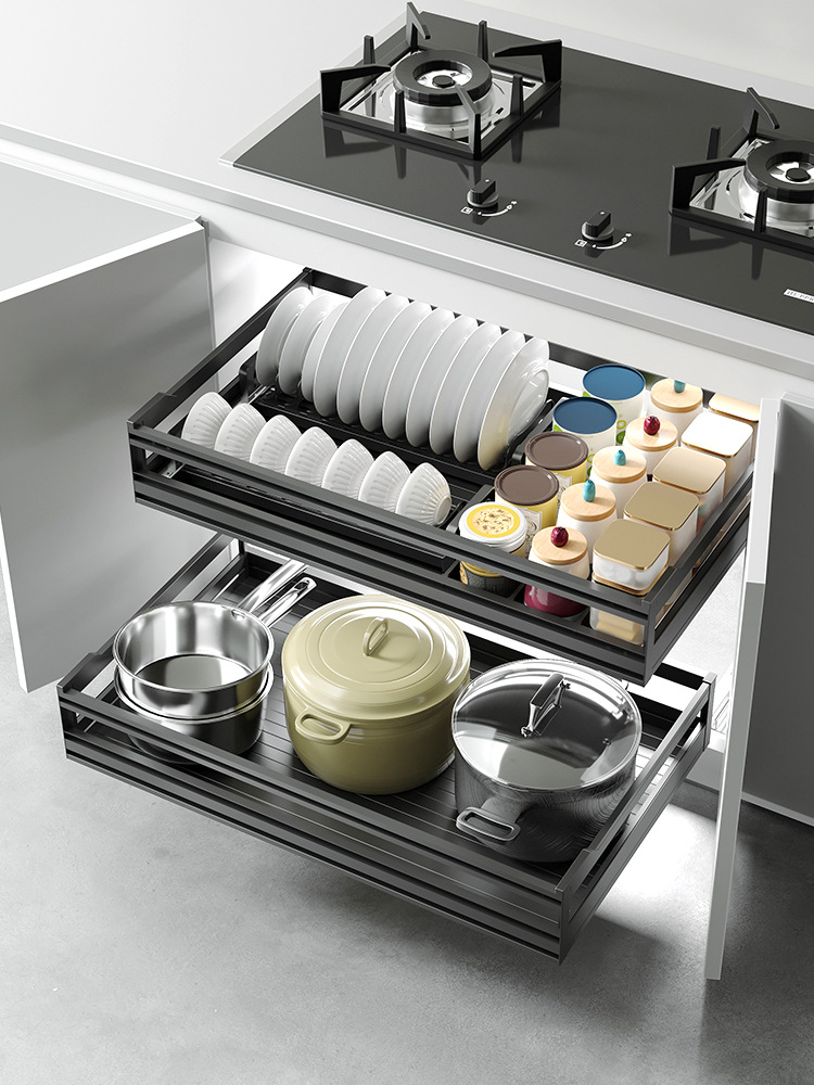 Gabinete de cocina tipo cajón, gabinete poco profundo, aleación de aluminio no estándar, cesta de doble capa, gabinete, cesta de tracción poco profunda, estante para platos