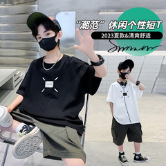 100% Cotton, 200g Boys' Summer Wear New Simple Print T-shirt for Big Kids, Children's Short Sleeve Trendy Ins