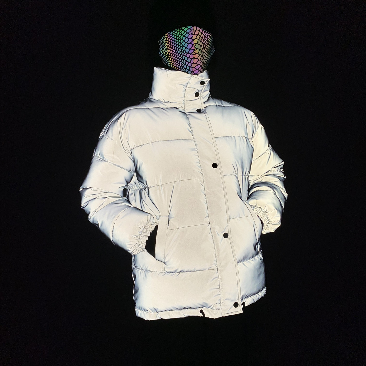 Men's Clothing stand collar reflective cotton coat for women fashion luminous thick cotton coat_voghion.com