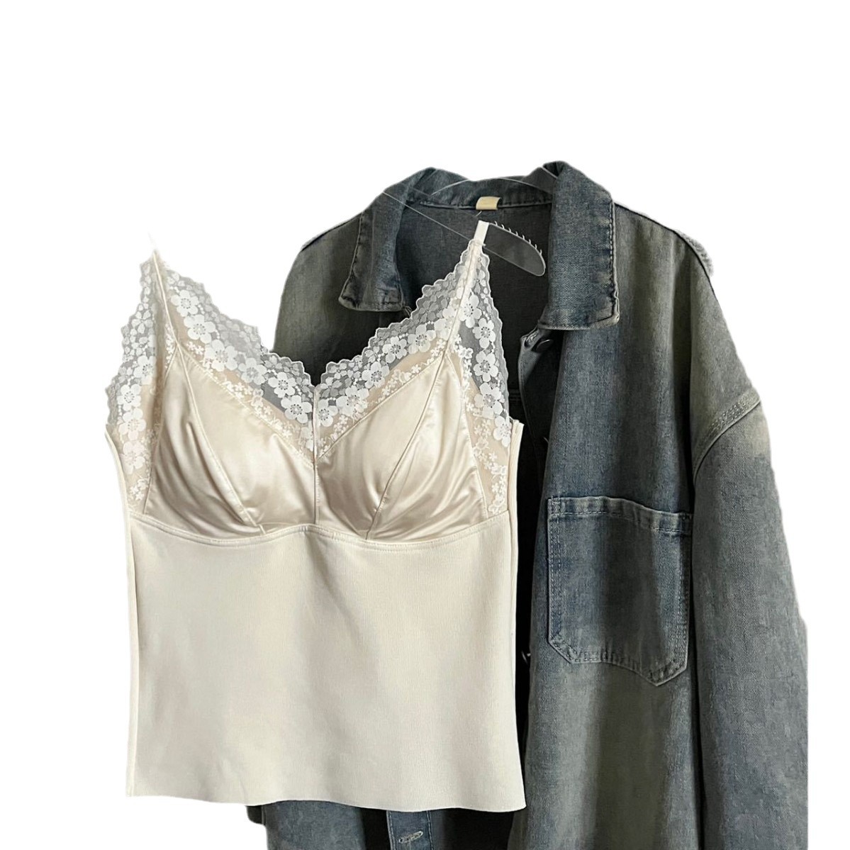 초가을 하이 엔드 슬림 피팅 가열 레이스 새틴 캐시미어 열 조끼 고정 컵과 아름다운 스트랩 행거 069 여성용