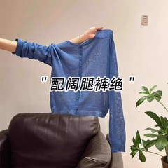 蓝色薄款防晒开衫女2025新款夏季冰丝针织高质量巨好看的罩衫上衣